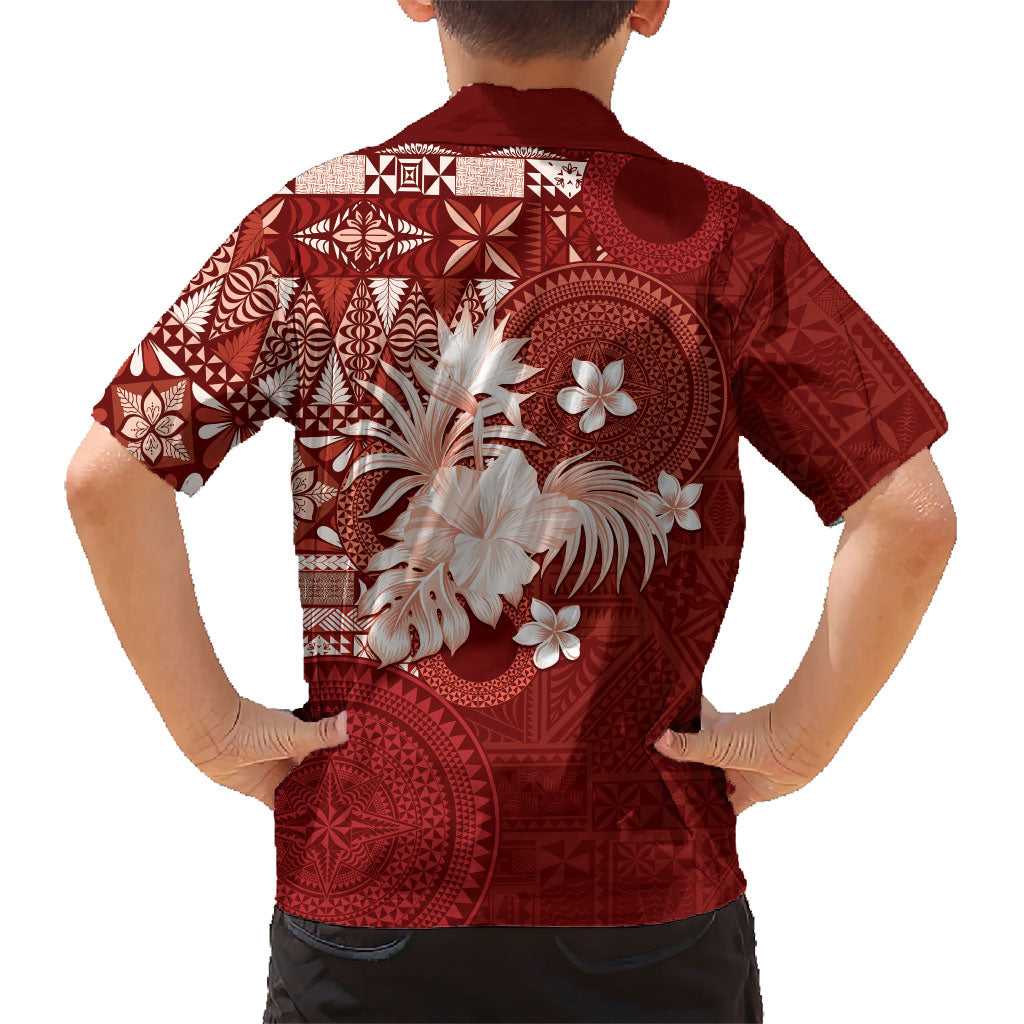 Tonga Ngatu Motifs Family Matching Short Sleeve Bodycon Dress and Hawaiian Shirt With Coat Of Arms Red LT05 - Polynesian Pride