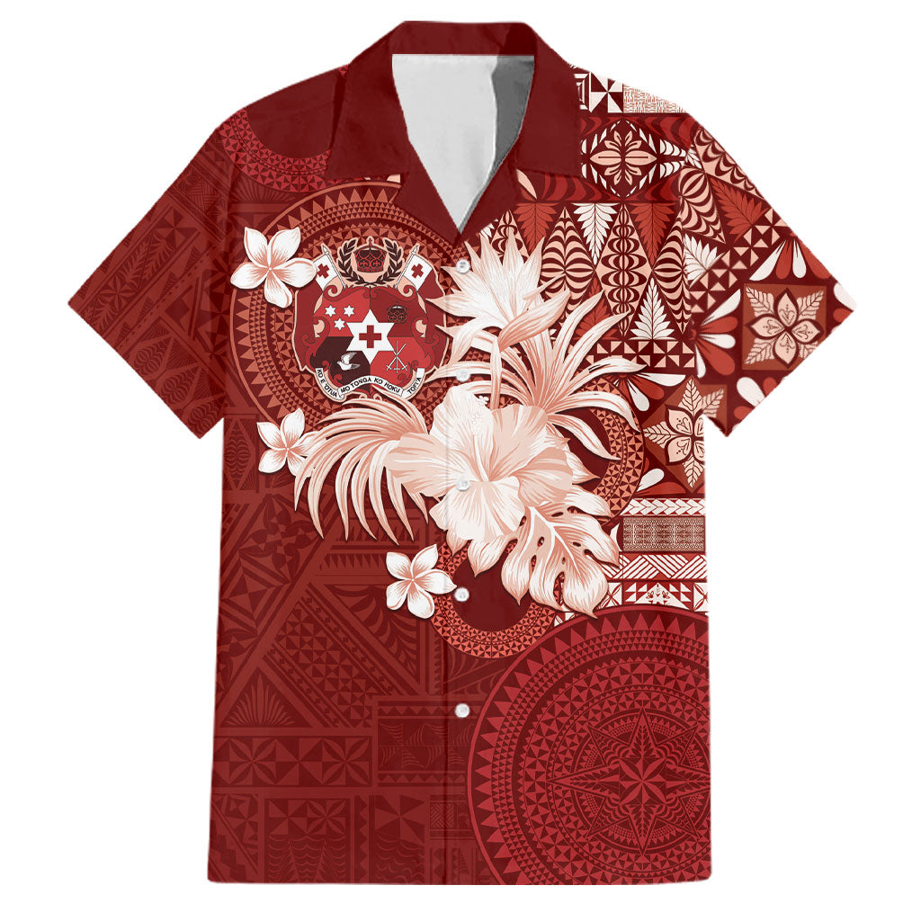 Tonga Ngatu Motifs Family Matching Short Sleeve Bodycon Dress and Hawaiian Shirt With Coat Of Arms Red LT05 Dad's Shirt - Short Sleeve Red - Polynesian Pride