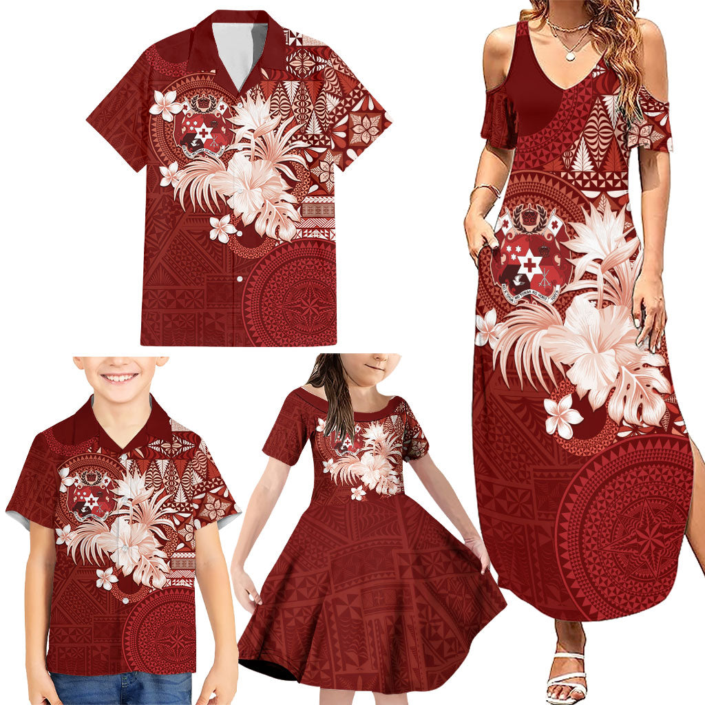 Tonga Ngatu Motifs Family Matching Summer Maxi Dress and Hawaiian Shirt With Coat Of Arms Red