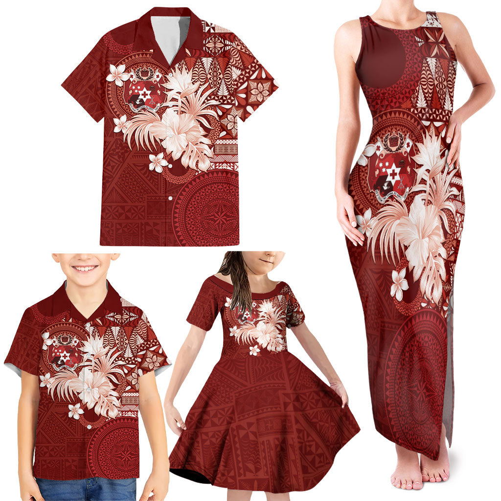 Tonga Ngatu Motifs Family Matching Tank Maxi Dress and Hawaiian Shirt With Coat Of Arms Red