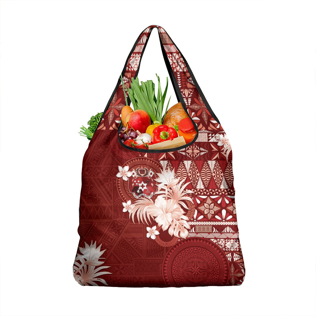Tonga Ngatu Motifs Grocery Bag With Coat Of Arms Red