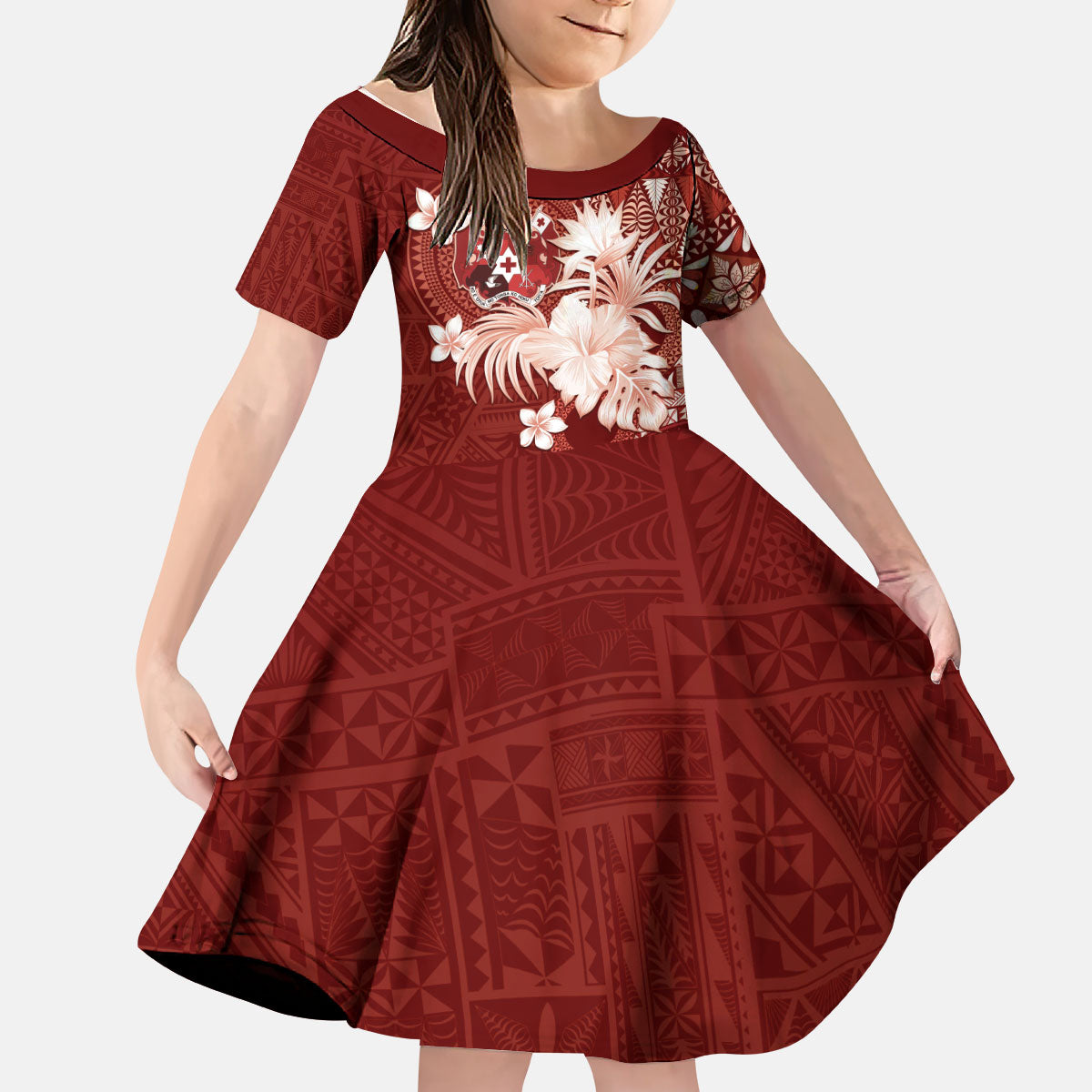 Tonga Ngatu Motifs Kid Short Sleeve Dress With Coat Of Arms Red