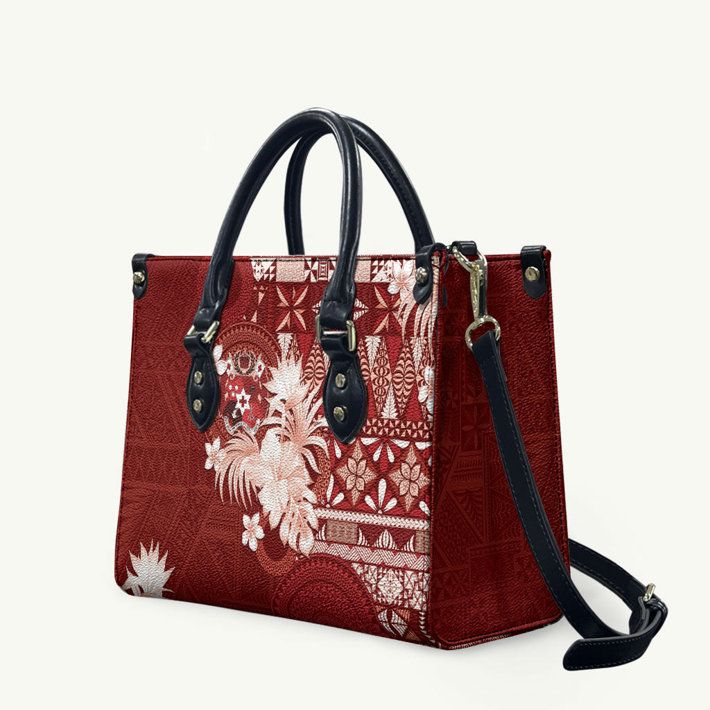 Tonga Ngatu Motifs Leather Bag With Coat Of Arms Red