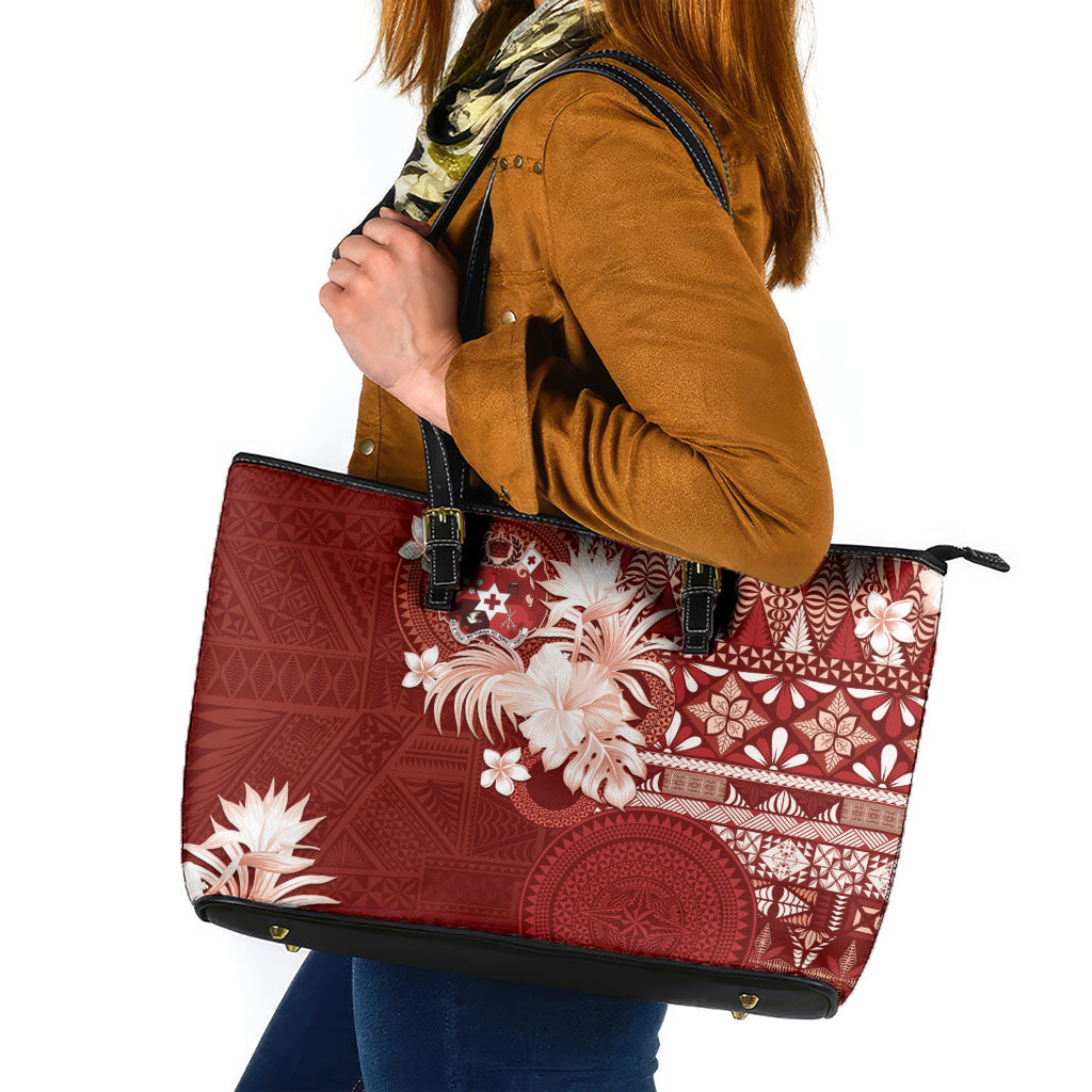 Tonga Ngatu Motifs Leather Tote Bag With Coat Of Arms Red