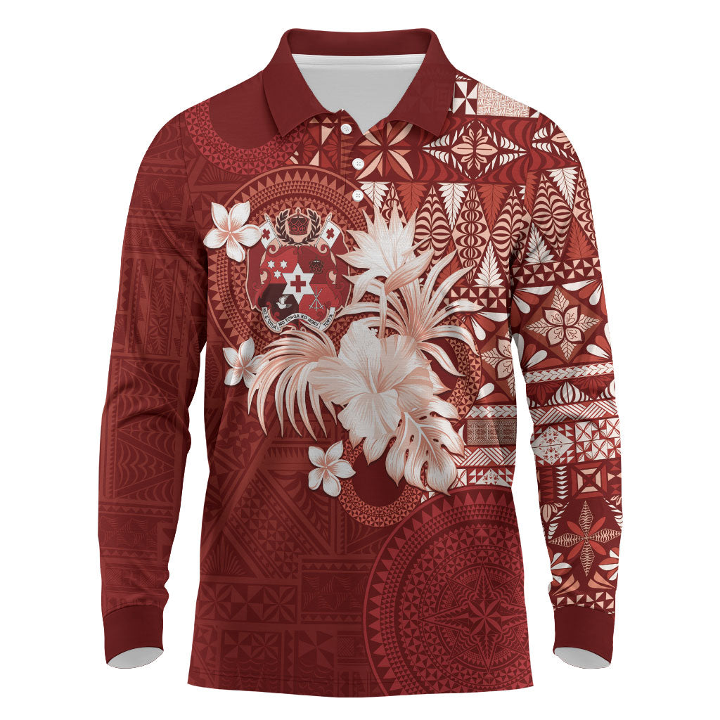 Tonga Ngatu Motifs Long Sleeve Polo Shirt With Coat Of Arms Red