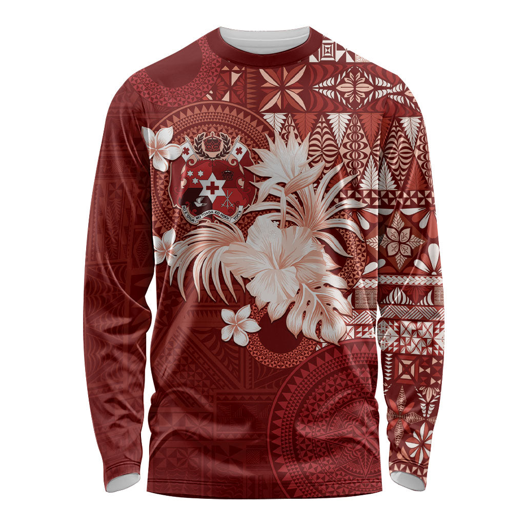 Tonga Ngatu Motifs Long Sleeve Shirt With Coat Of Arms Red