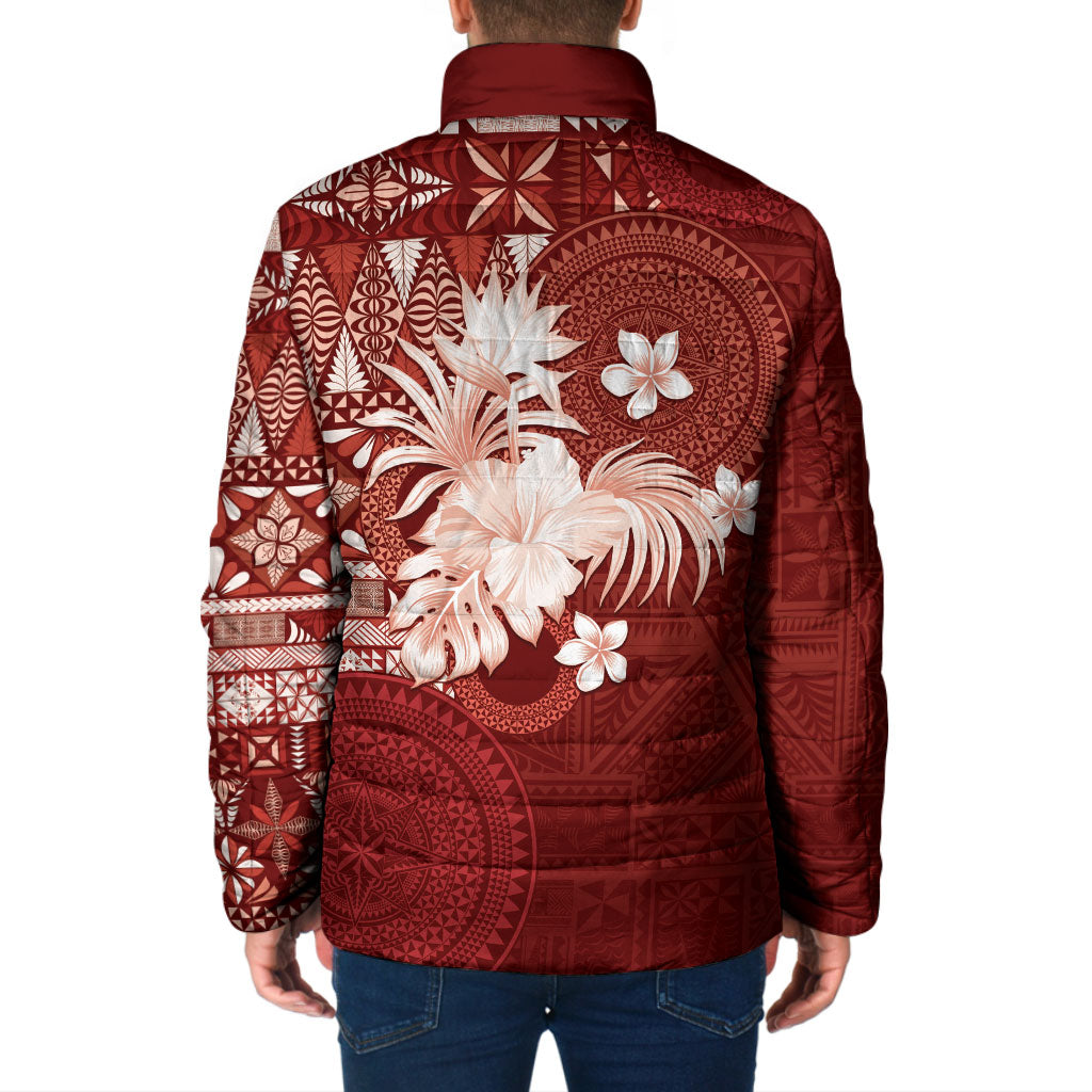 Tonga Ngatu Motifs Padded Jacket With Coat Of Arms Red LT05 - Polynesian Pride
