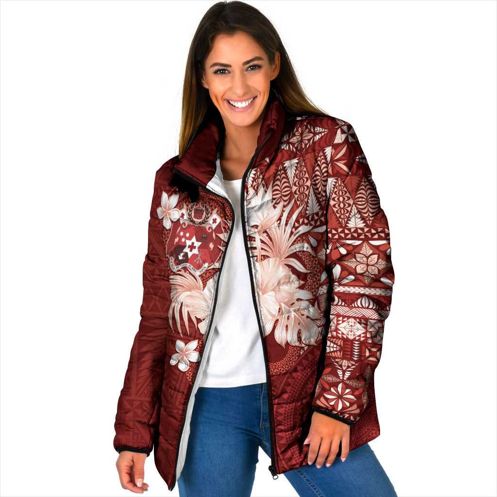 Tonga Ngatu Motifs Padded Jacket With Coat Of Arms Red LT05 Women Red - Polynesian Pride
