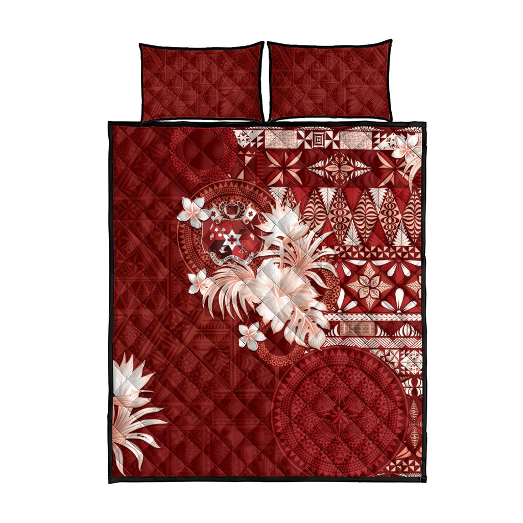 Tonga Ngatu Motifs Quilt Bed Set With Coat Of Arms Red LT05 - Polynesian Pride
