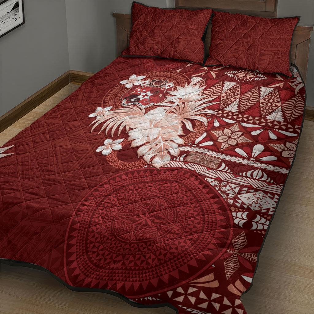 Tonga Ngatu Motifs Quilt Bed Set With Coat Of Arms Red LT05 - Polynesian Pride