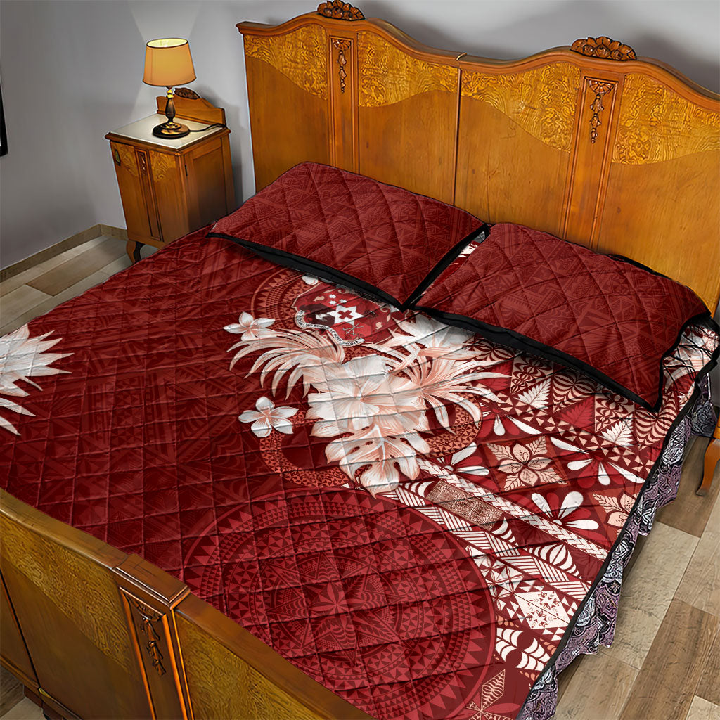 Tonga Ngatu Motifs Quilt Bed Set With Coat Of Arms Red LT05 - Polynesian Pride