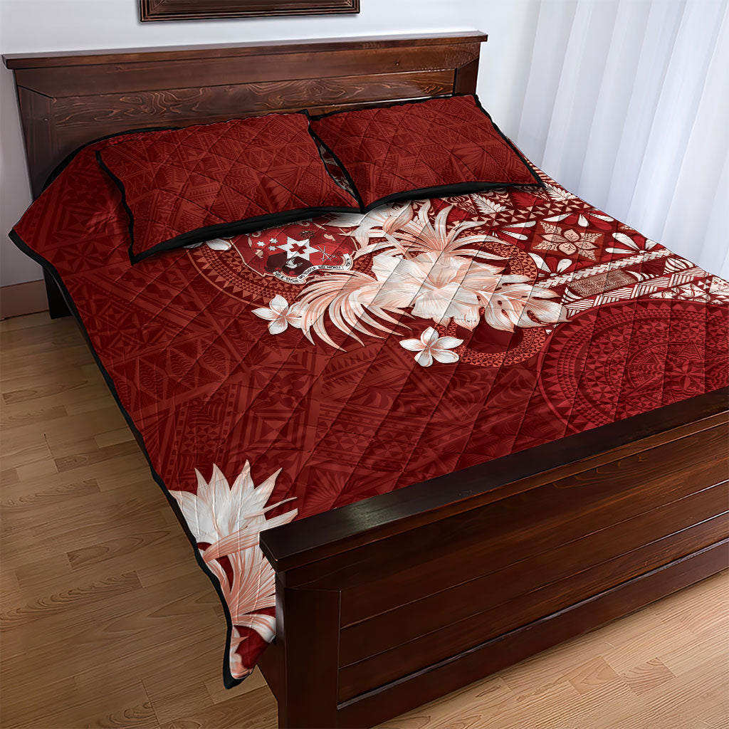 Tonga Ngatu Motifs Quilt Bed Set With Coat Of Arms Red LT05 - Polynesian Pride