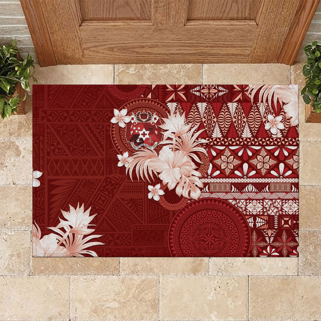 Tonga Ngatu Motifs Rubber Doormat With Coat Of Arms Red LT05 Red - Polynesian Pride