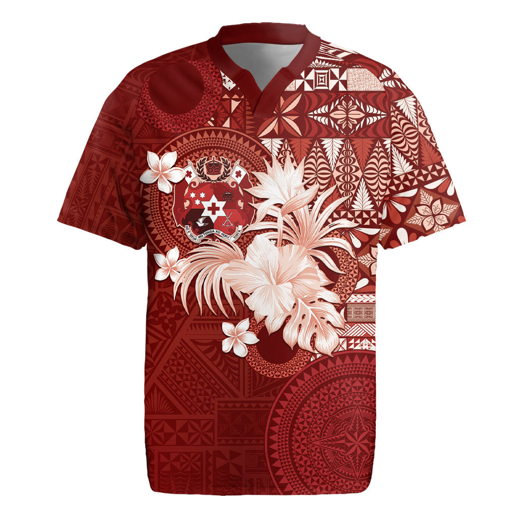 Tonga Ngatu Motifs Rugby Jersey With Coat Of Arms Red