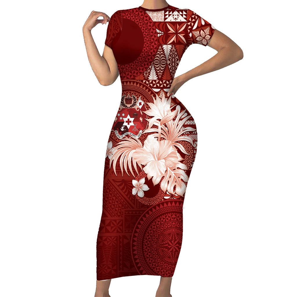 Tonga Ngatu Motifs Short Sleeve Bodycon Dress With Coat Of Arms Red