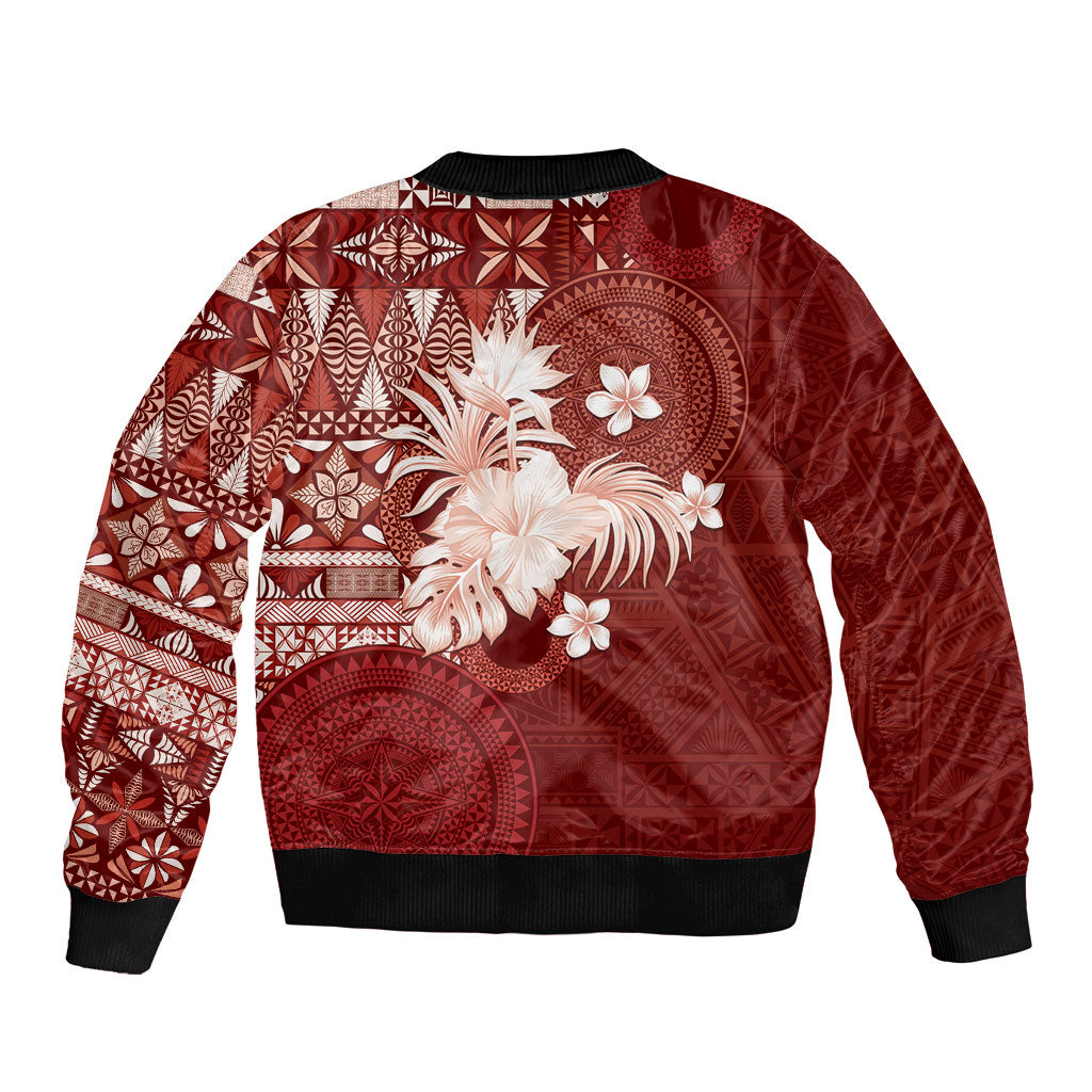 Tonga Ngatu Motifs Sleeve Zip Bomber Jacket With Coat Of Arms Red LT05 - Polynesian Pride