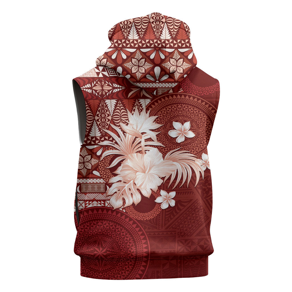 Tonga Ngatu Motifs Sleeveless Hoodie With Coat Of Arms Red LT05 - Polynesian Pride