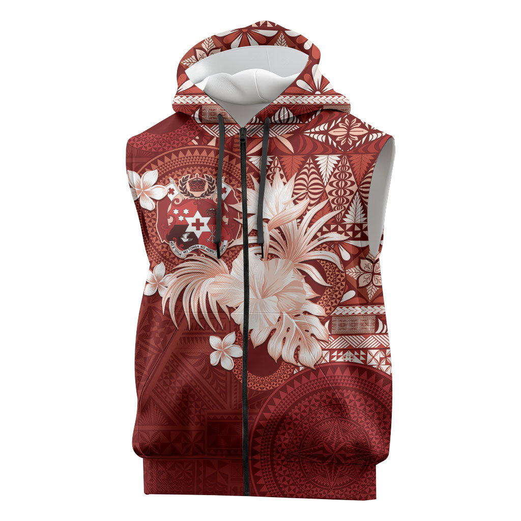 Tonga Ngatu Motifs Sleeveless Zip Hoodie With Coat Of Arms Red