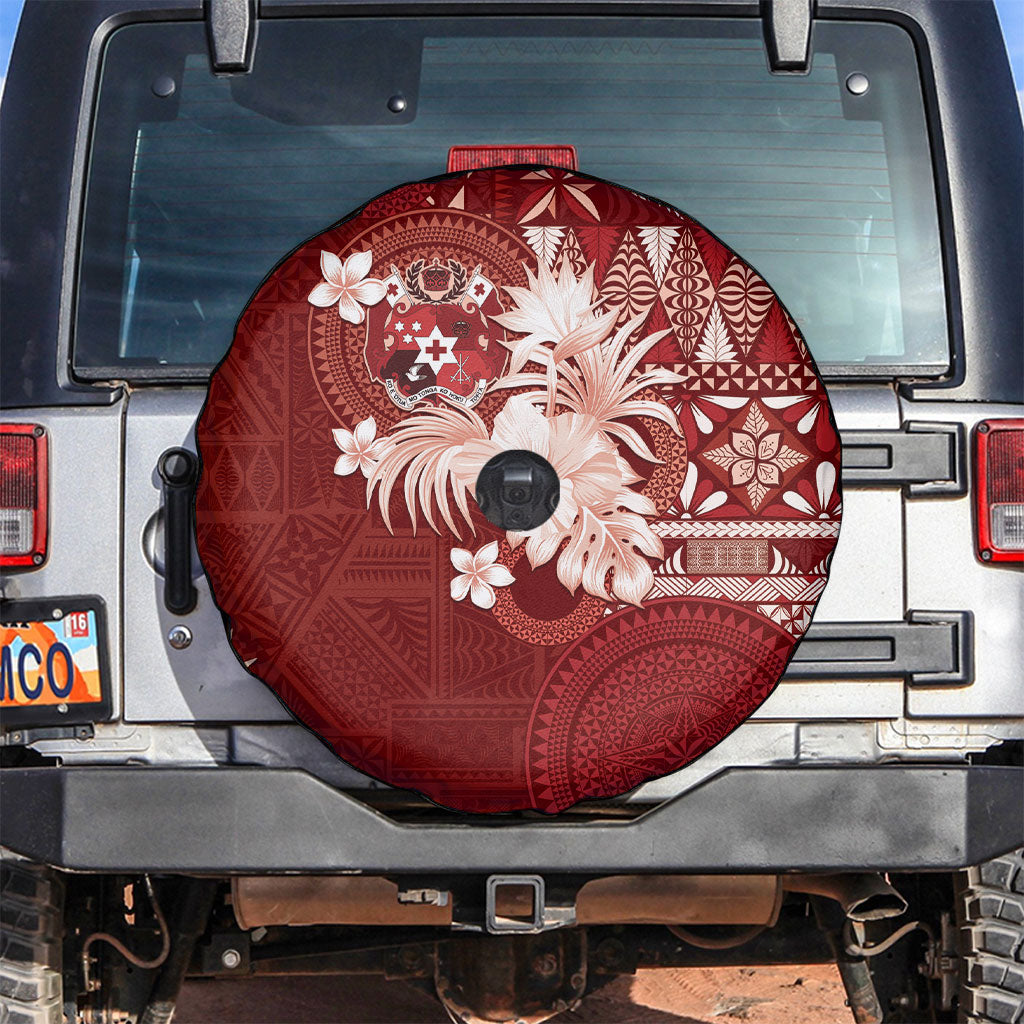 Tonga Ngatu Motifs Spare Tire Cover With Coat Of Arms Red LT05 Red - Polynesian Pride