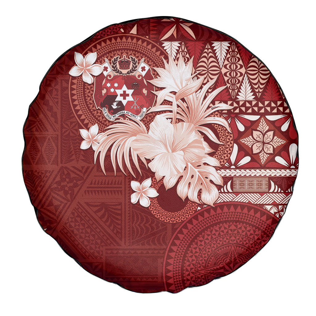 Tonga Ngatu Motifs Spare Tire Cover With Coat Of Arms Red LT05 - Polynesian Pride