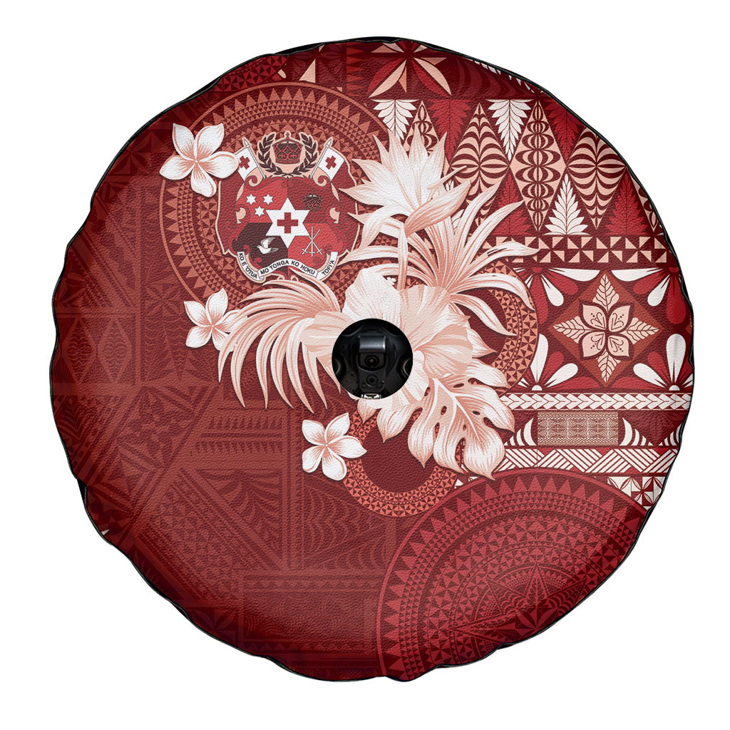 Tonga Ngatu Motifs Spare Tire Cover With Coat Of Arms Red LT05 - Polynesian Pride