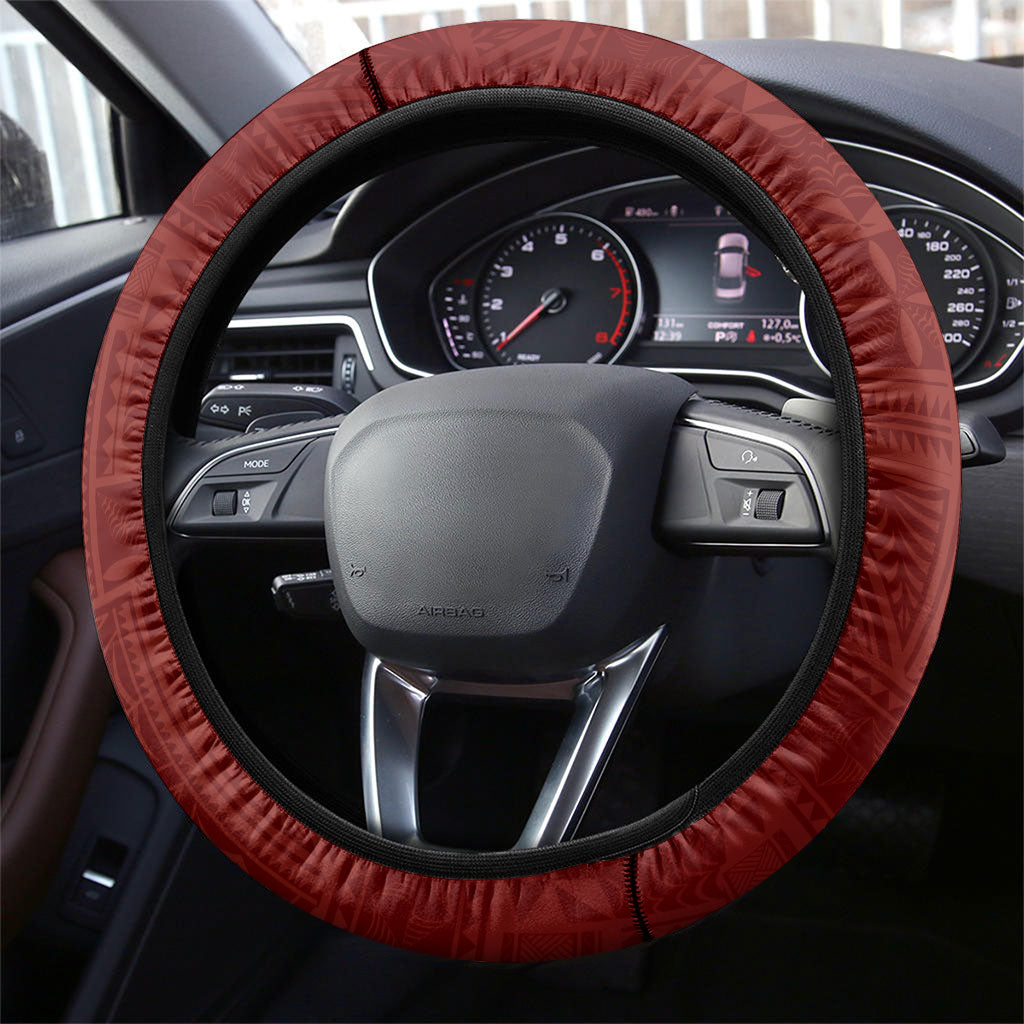 Tonga Ngatu Motifs Steering Wheel Cover With Coat Of Arms Red LT05 - Polynesian Pride