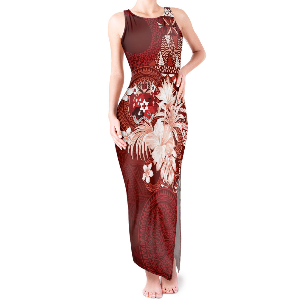 Tonga Ngatu Motifs Tank Maxi Dress With Coat Of Arms Red