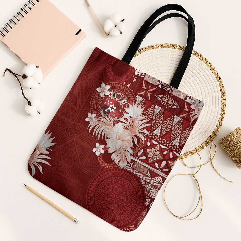 Tonga Ngatu Motifs Tote Bag With Coat Of Arms Red