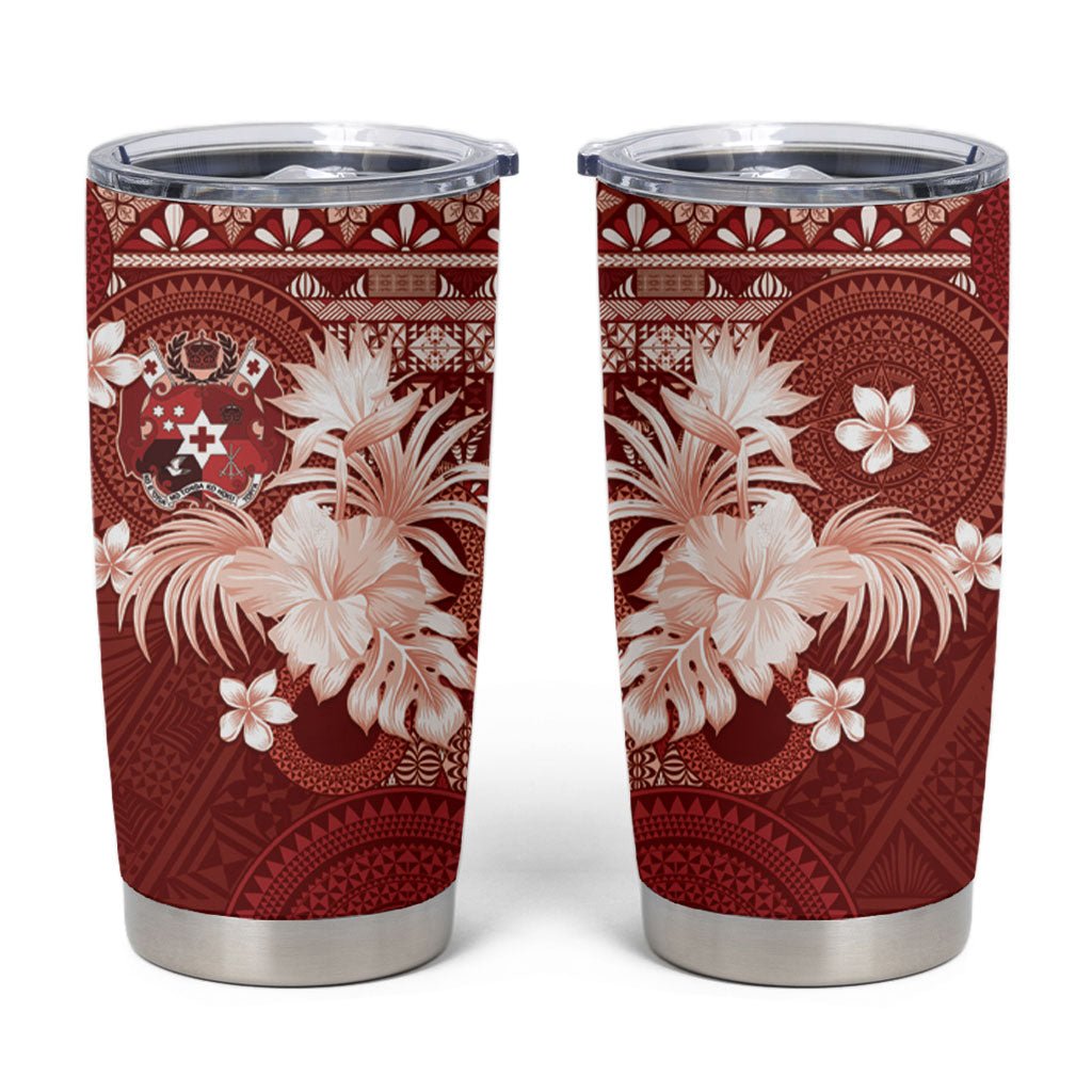 Tonga Ngatu Motifs Tumbler Cup With Coat Of Arms Red LT05 Red - Polynesian Pride