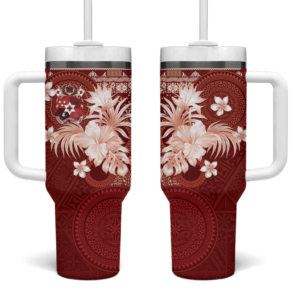 Tonga Ngatu Motifs Tumbler With Handle With Coat Of Arms Red LT05 One Size: 40 oz Red - Polynesian Pride