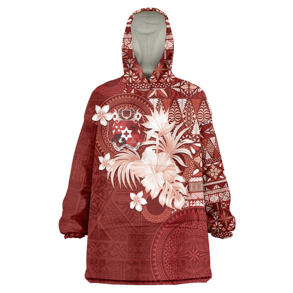 Tonga Ngatu Motifs Wearable Blanket Hoodie With Coat Of Arms Red