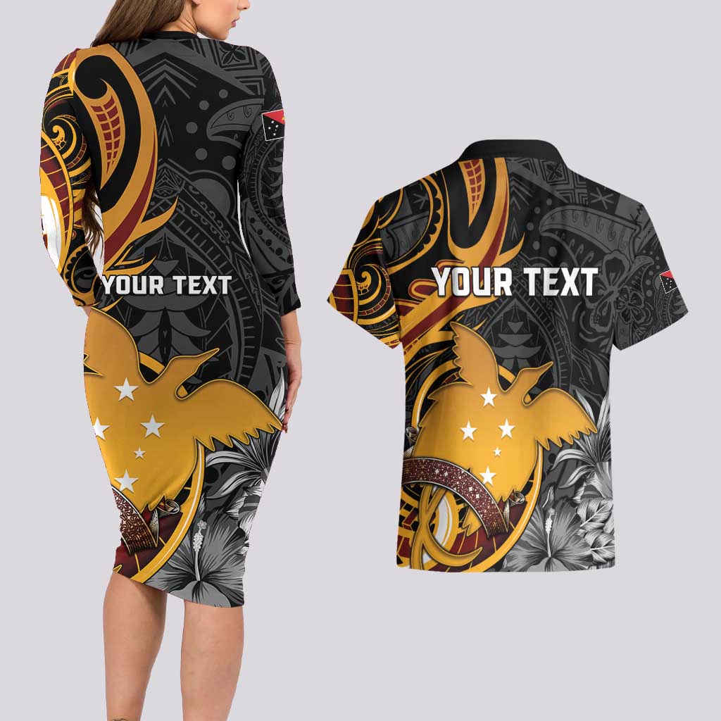 Personalised Papua New Guinea Couples Matching Long Sleeve Bodycon Dress and Hawaiian Shirt Happy 50th Independence Anniversary - Polynesian Pride