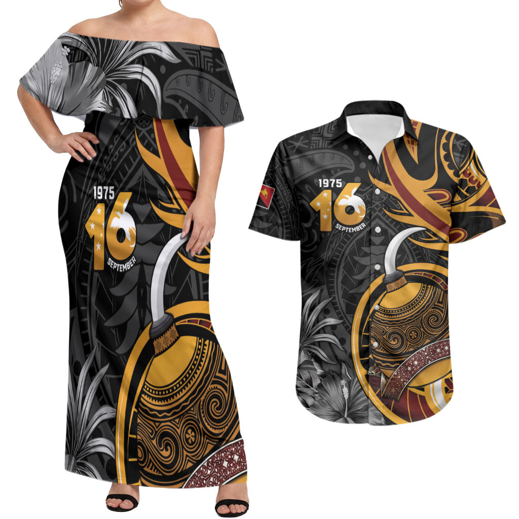 Personalised Papua New Guinea Couples Matching Off Shoulder Maxi Dress and Hawaiian Shirt Happy Independence Day LT05 Black - Polynesian Pride