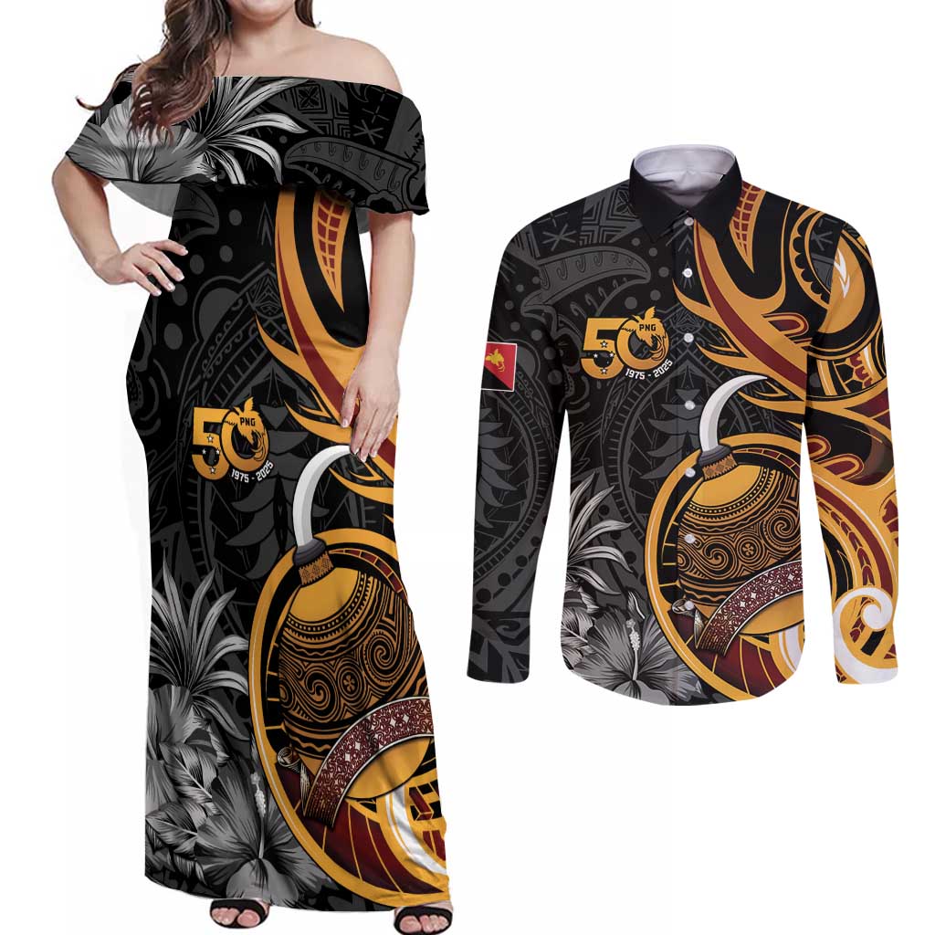 Personalised Papua New Guinea Couples Matching Off Shoulder Maxi Dress and Long Sleeve Button Shirt Happy 50th Independence Anniversary - Polynesian Pride