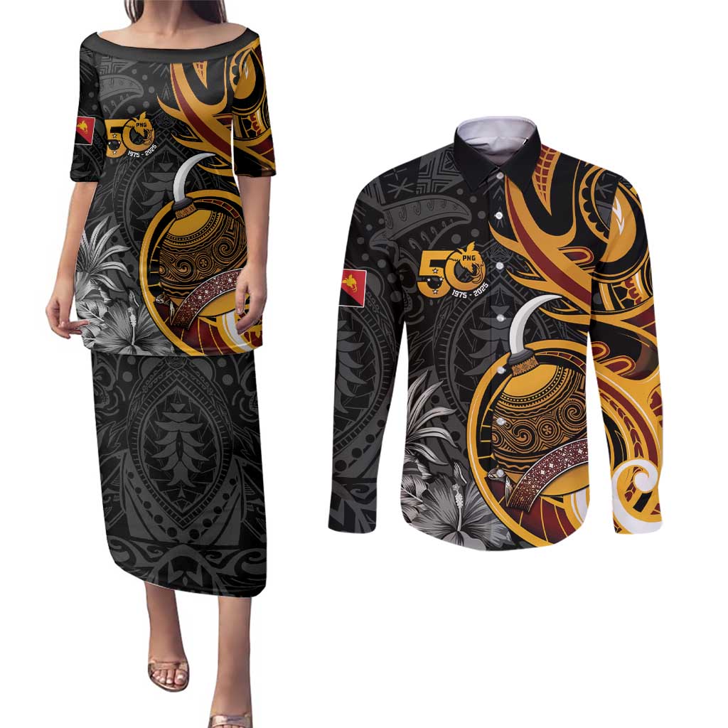 Personalised Papua New Guinea Couples Matching Puletasi and Long Sleeve Button Shirt Happy 50th Independence Anniversary - Polynesian Pride