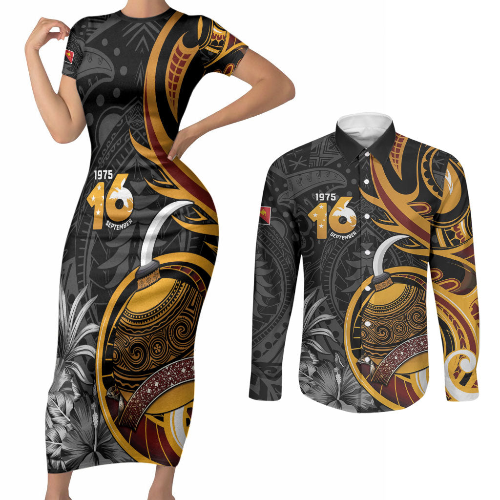 Personalised Papua New Guinea Couples Matching Short Sleeve Bodycon Dress and Long Sleeve Button Shirt Happy Independence Day LT05 Black - Polynesian Pride