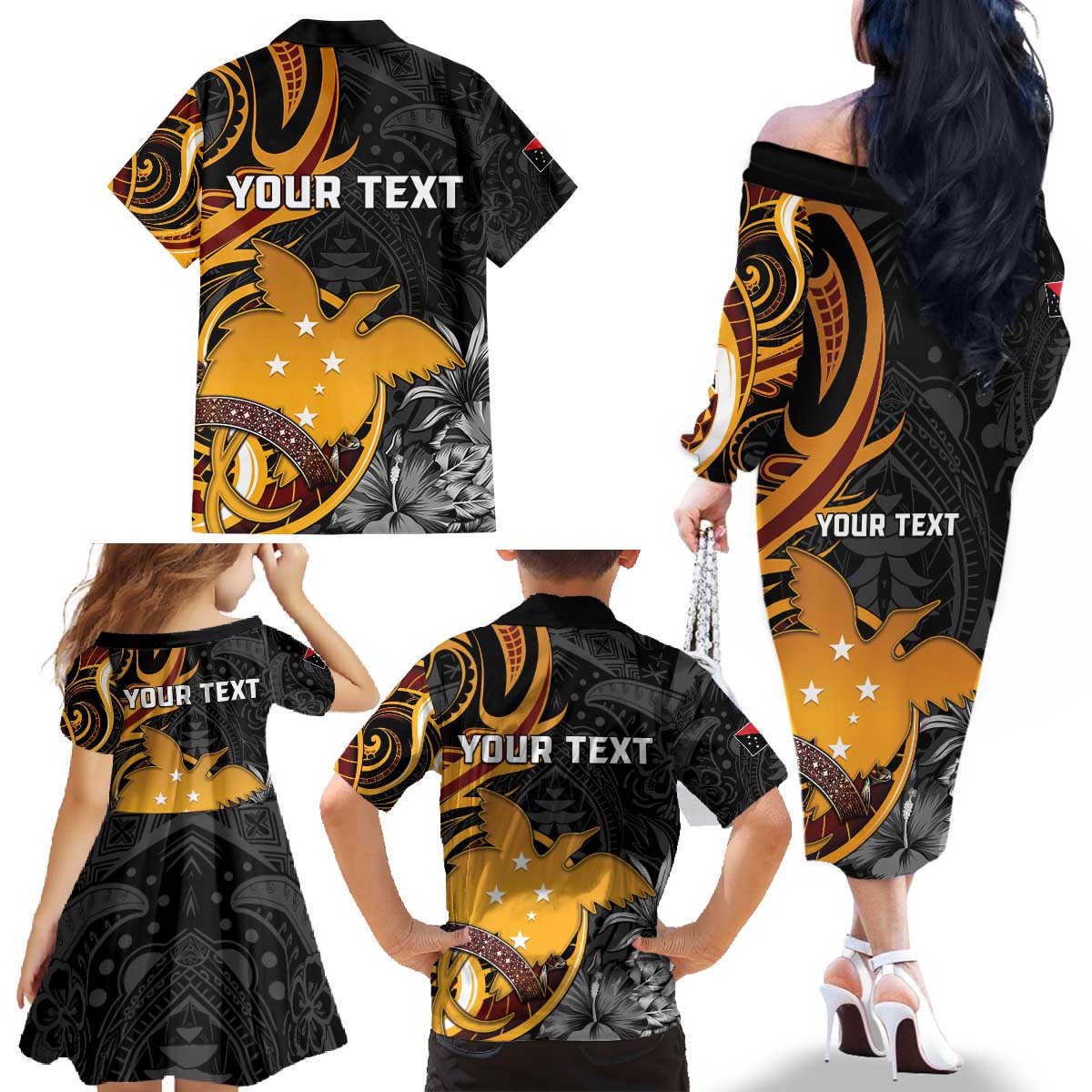 Personalised Papua New Guinea Family Matching Off The Shoulder Long Sleeve Dress and Hawaiian Shirt Happy 50th Independence Anniversary - Polynesian Pride