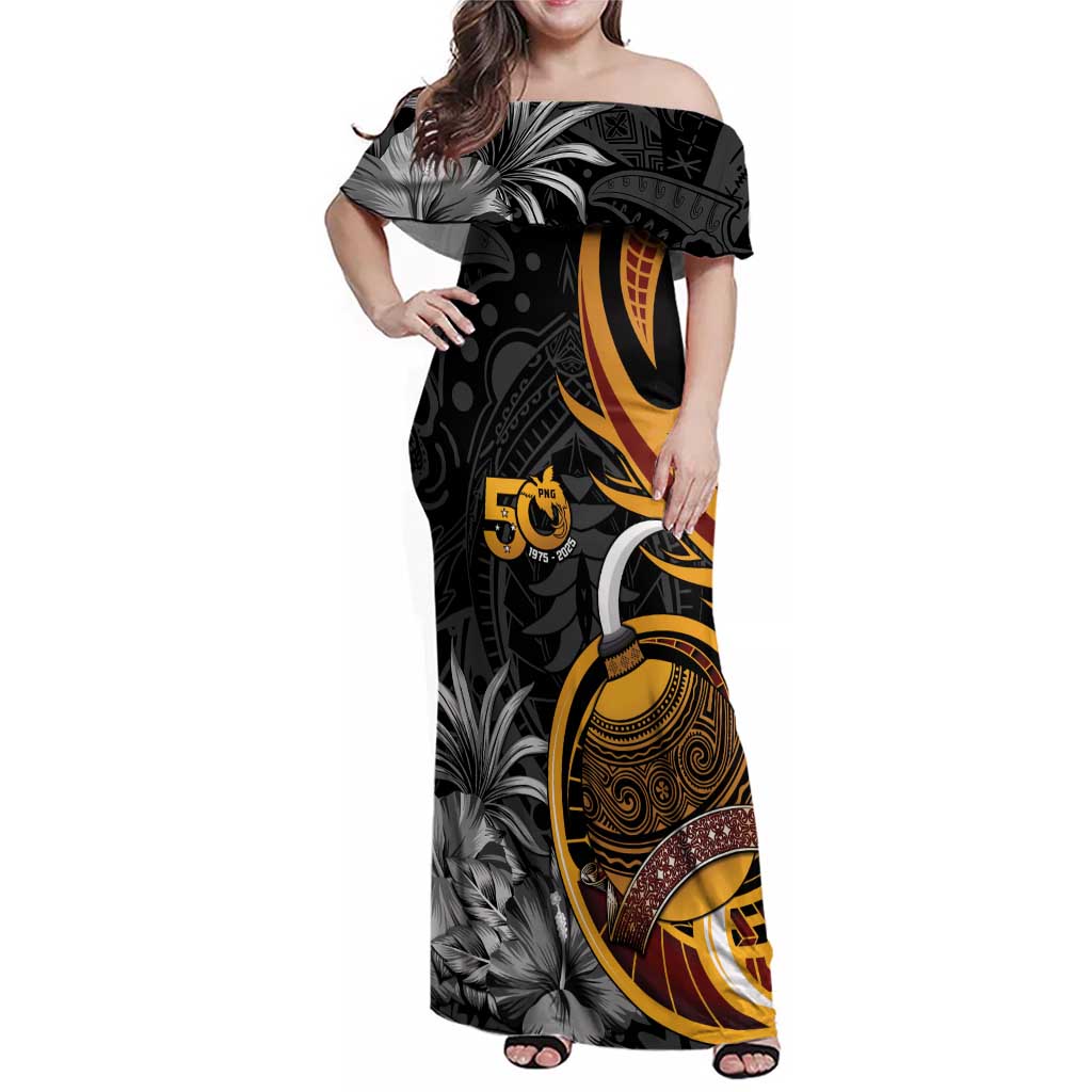 Personalised Papua New Guinea Family Matching Off Shoulder Maxi Dress and Hawaiian Shirt Happy 50th Independence Anniversary - Polynesian Pride