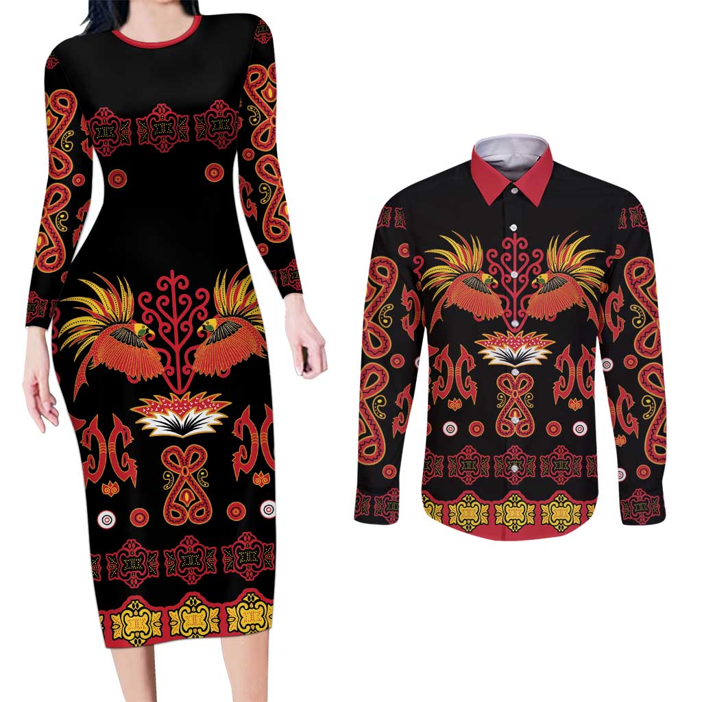 Papua Batik Motif Couples Matching Long Sleeve Bodycon Dress and Long Sleeve Button Shirt Papua Spirit Black Version - Polynesian Pride
