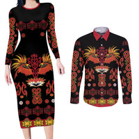 Papua Batik Motif Couples Matching Long Sleeve Bodycon Dress and Long Sleeve Button Shirt Papua Spirit Black Version - Polynesian Pride