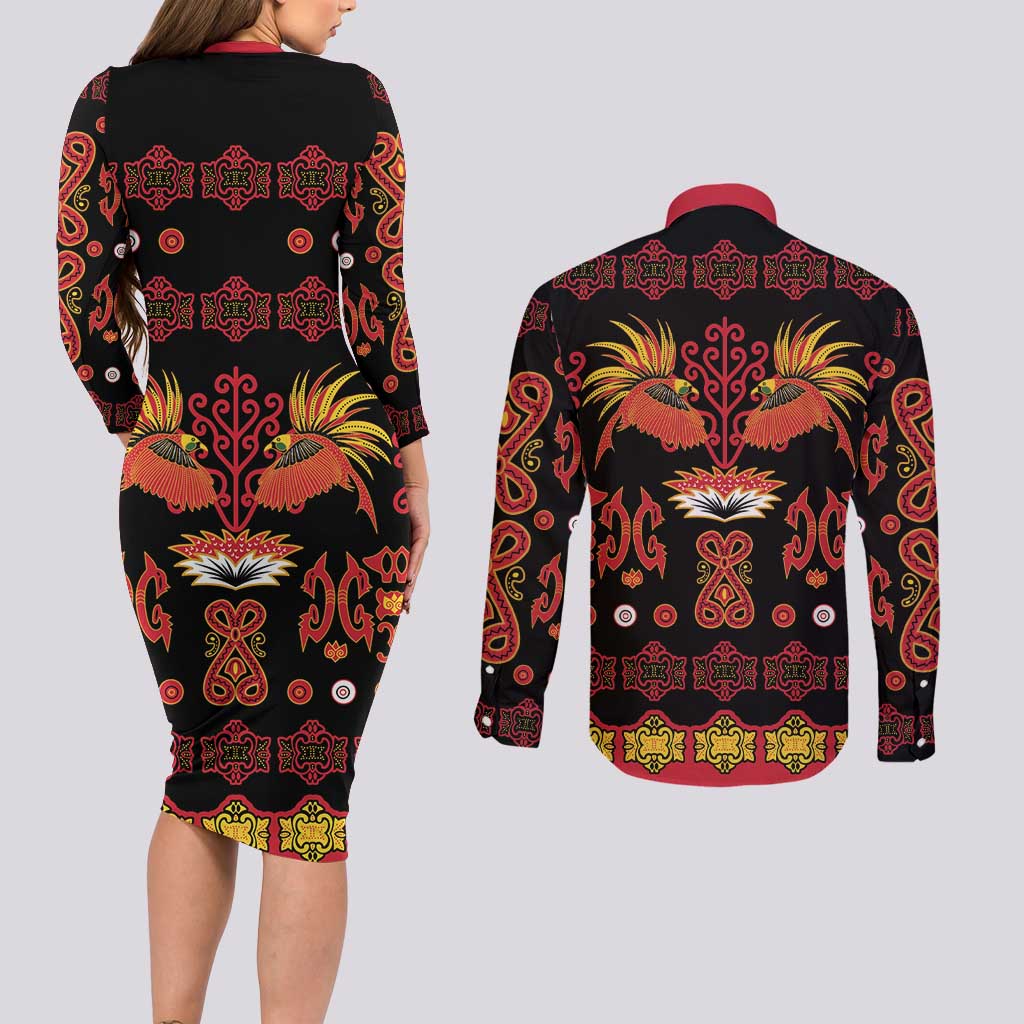 Papua Batik Motif Couples Matching Long Sleeve Bodycon Dress and Long Sleeve Button Shirt Papua Spirit Black Version - Polynesian Pride