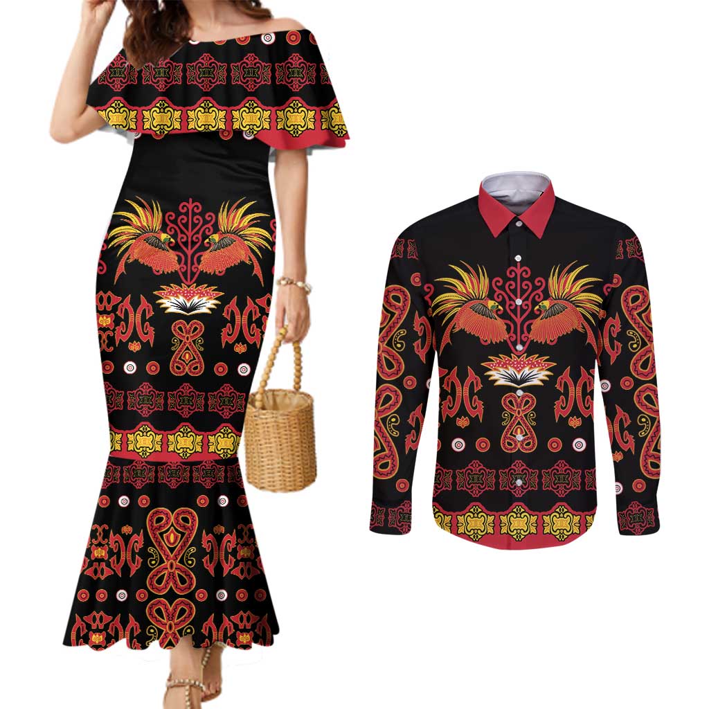 Papua Batik Motif Couples Matching Mermaid Dress and Long Sleeve Button Shirt Papua Spirit Black Version - Polynesian Pride