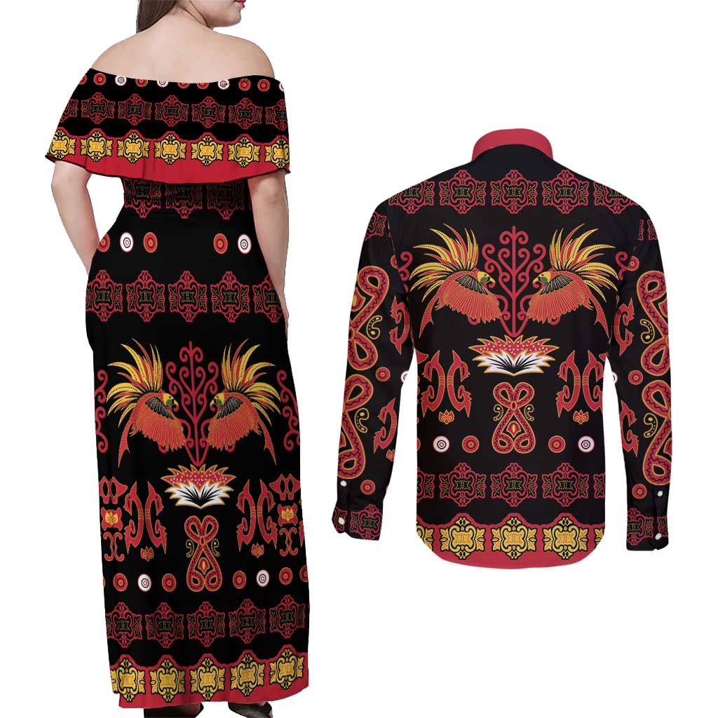 Papua Batik Motif Couples Matching Off Shoulder Maxi Dress and Long Sleeve Button Shirt Papua Spirit Black Version - Polynesian Pride