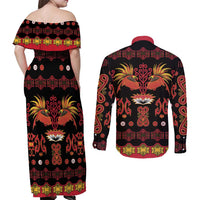 Papua Batik Motif Couples Matching Off Shoulder Maxi Dress and Long Sleeve Button Shirt Papua Spirit Black Version - Polynesian Pride