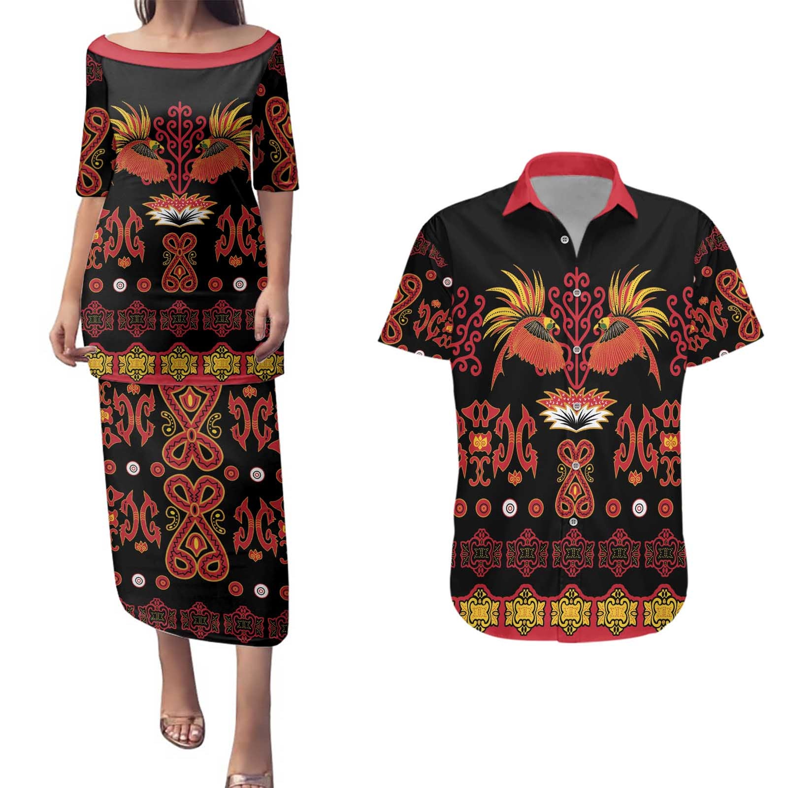 Papua Batik Motif Couples Matching Puletasi and Hawaiian Shirt Papua Spirit Black Version - Polynesian Pride