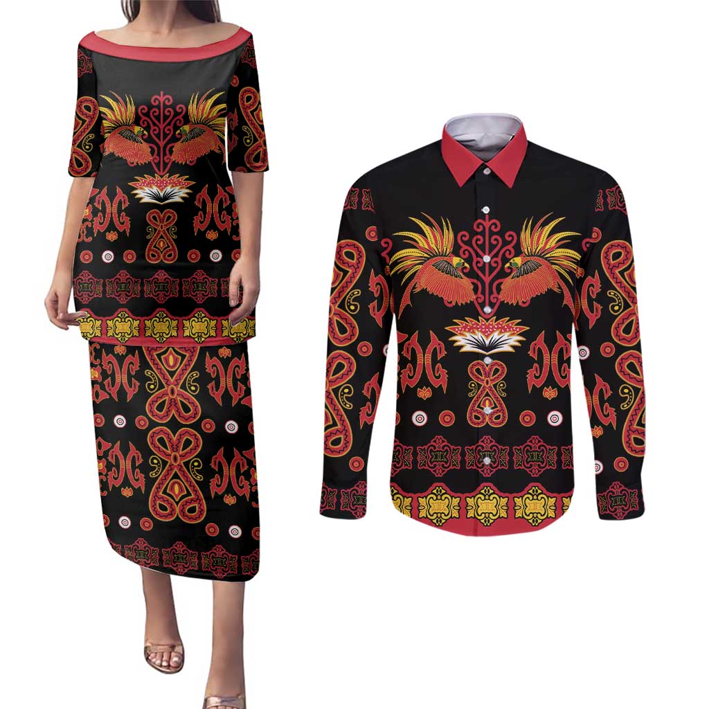 Papua Batik Motif Couples Matching Puletasi and Long Sleeve Button Shirt Papua Spirit Black Version - Polynesian Pride