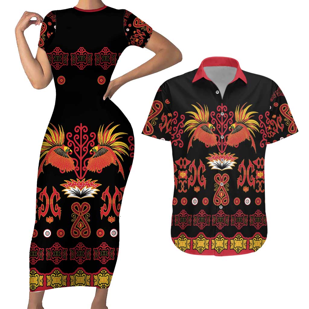 Papua Batik Motif Couples Matching Short Sleeve Bodycon Dress and Hawaiian Shirt Papua Spirit Black Version - Polynesian Pride