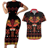 Papua Batik Motif Couples Matching Short Sleeve Bodycon Dress and Hawaiian Shirt Papua Spirit Black Version - Polynesian Pride