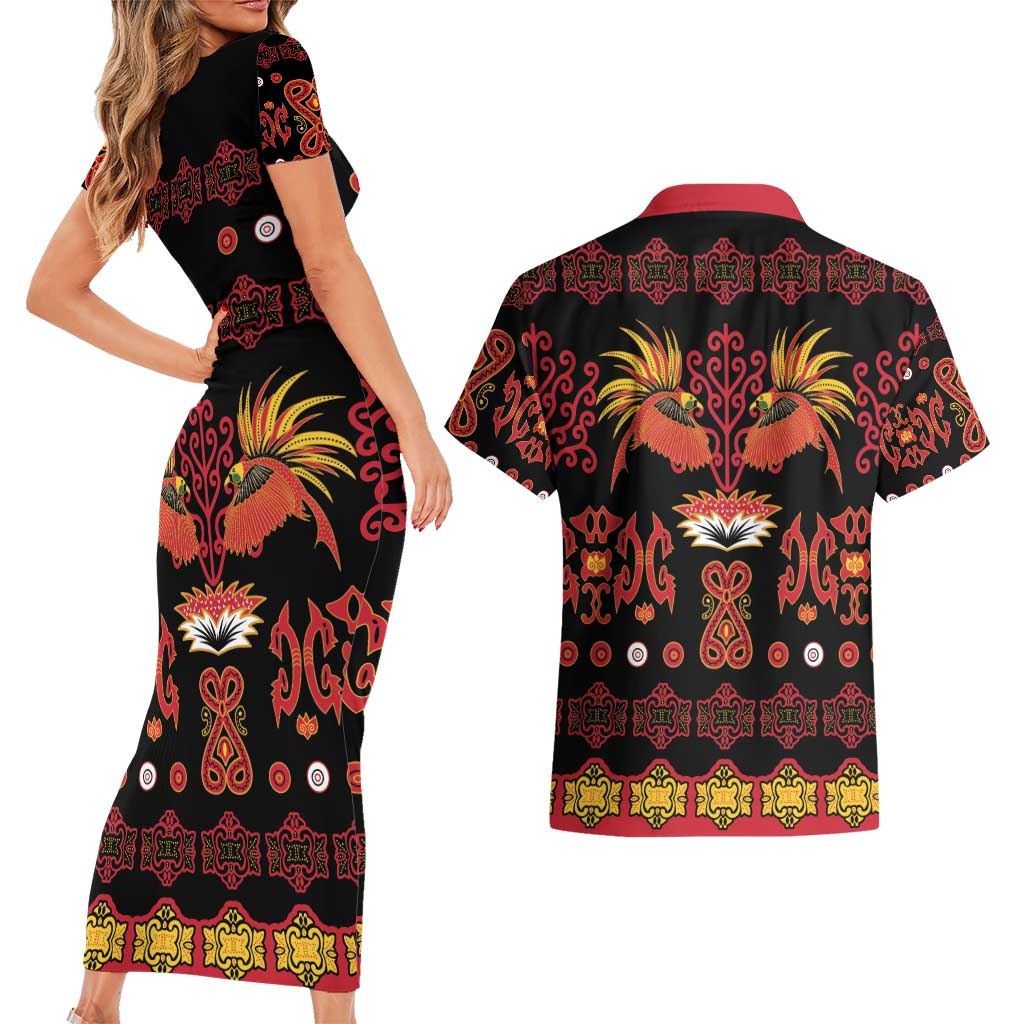 Papua Batik Motif Couples Matching Short Sleeve Bodycon Dress and Hawaiian Shirt Papua Spirit Black Version - Polynesian Pride