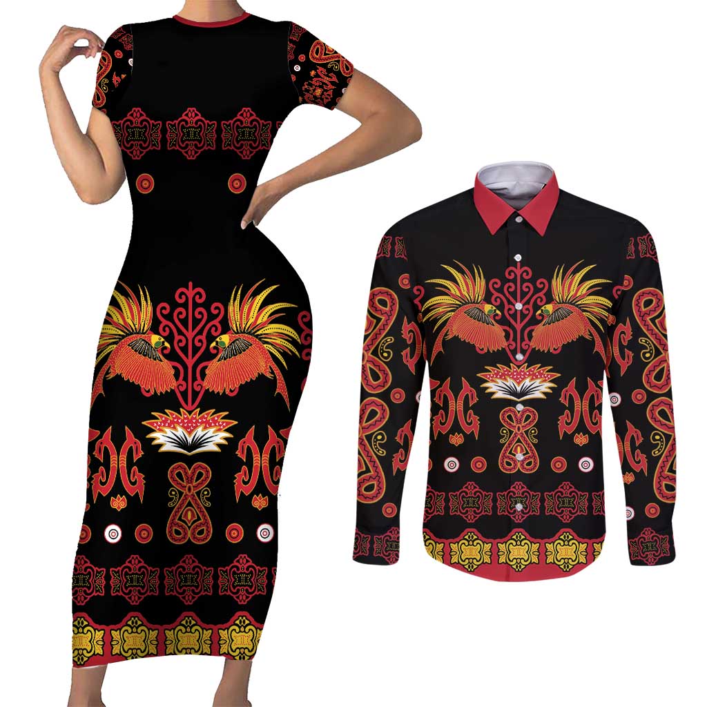 Papua Batik Motif Couples Matching Short Sleeve Bodycon Dress and Long Sleeve Button Shirt Papua Spirit Black Version - Polynesian Pride